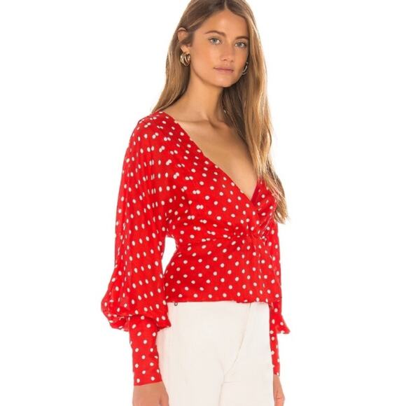 Tularosa | Amber Top Blouse Polka Dot Deep V-neck Date Red White Revolve XS - Picture 2 of 9